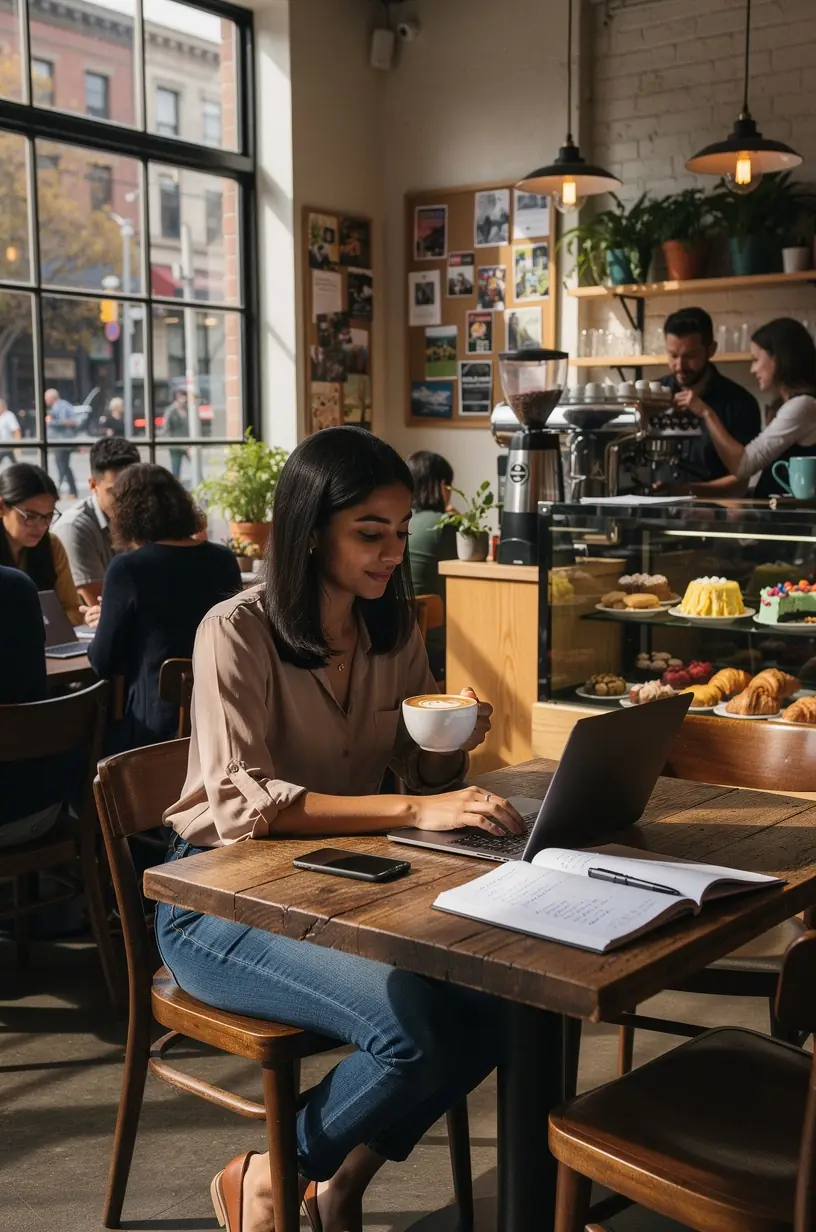 Team meeting in a modern office discussing workflow strategies with laptops and visual aids for productivity.